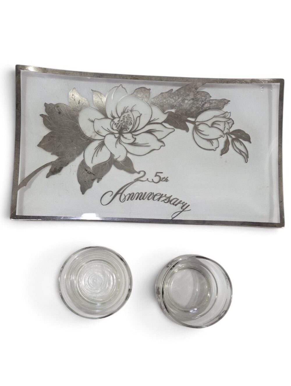Vintage 25th Anniversary Decorative Glass Tray and Votive Set - Silver Floral